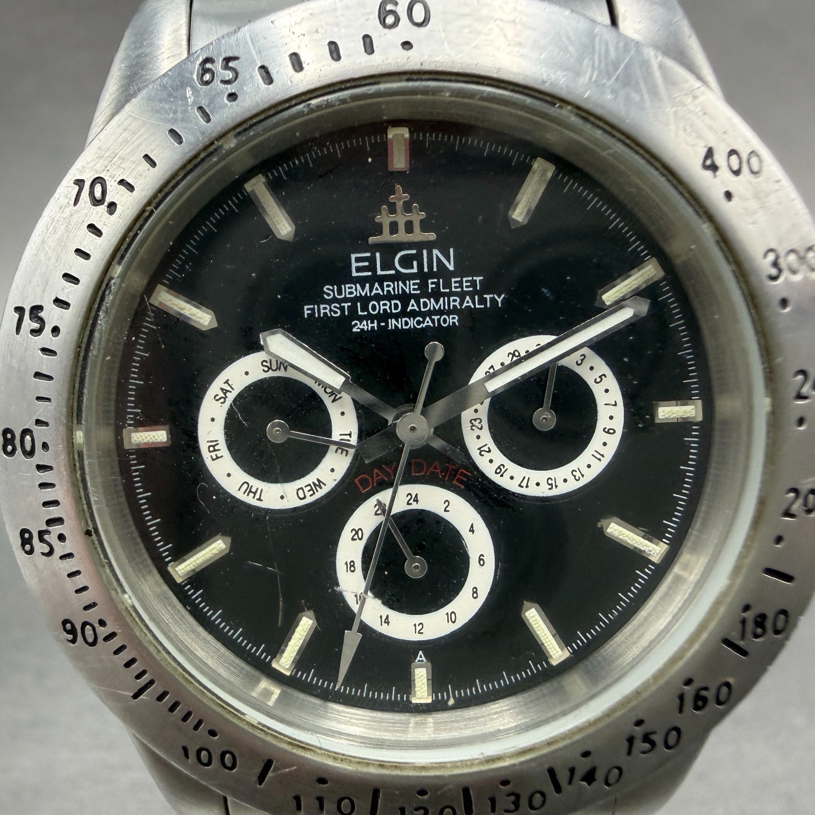 Elgin Watch Men 39mm Black Dial Silver Tone Round Daydate FK-345 New Battery1