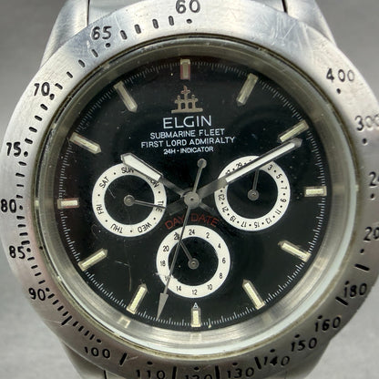 Elgin Watch Men 39mm Black Dial Silver Tone Round Daydate FK-345 New Battery1