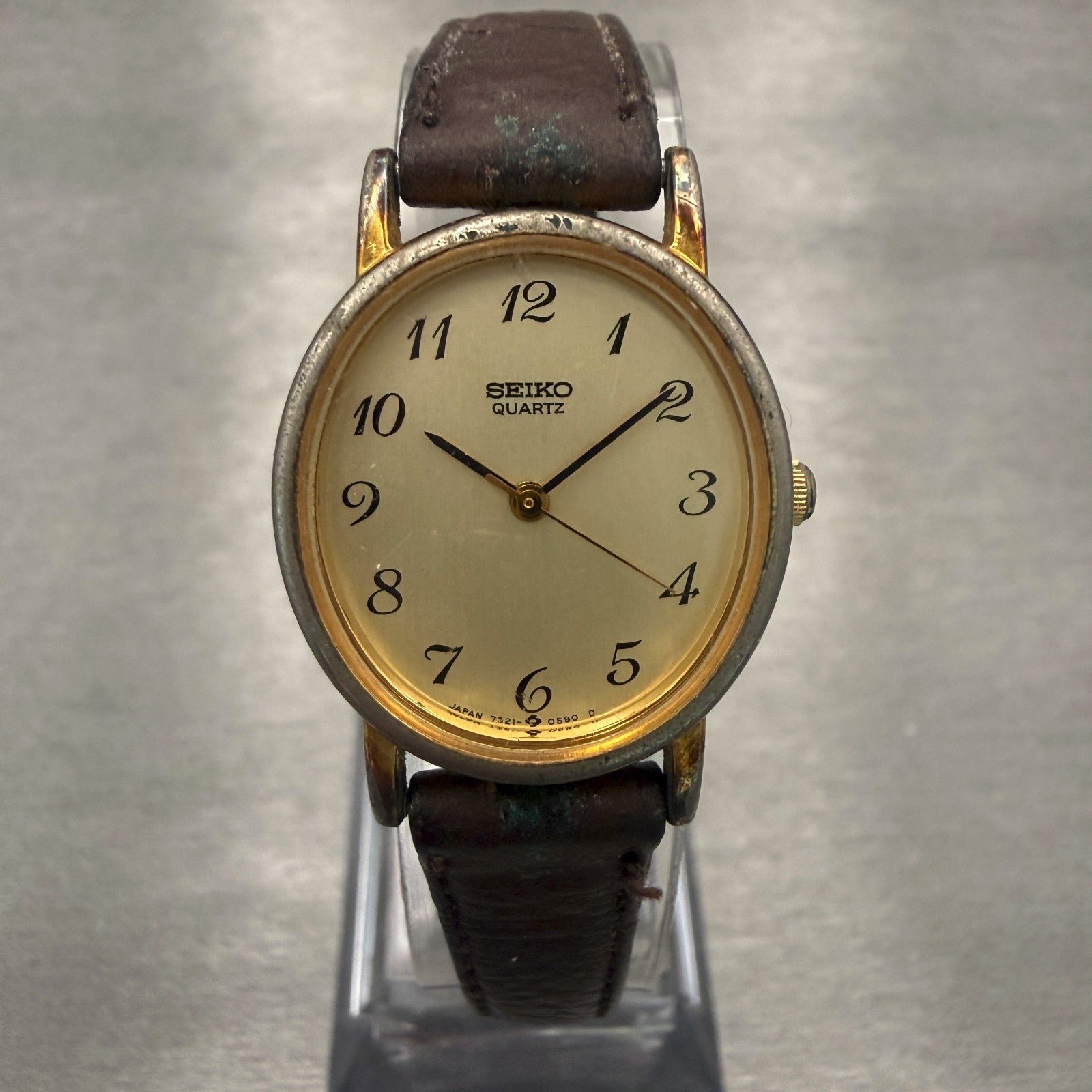 Seiko Watch Women 22mm Champagne Dial Gold Tone Oval 7321-5290 New Battery0