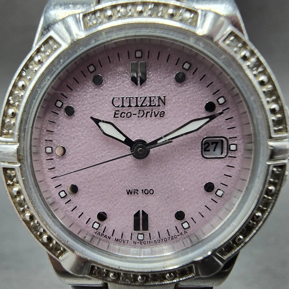 Citizen Eco-Drive Watch Women 26mm Pink Dial Silver Diamonds Date E011-S0436971