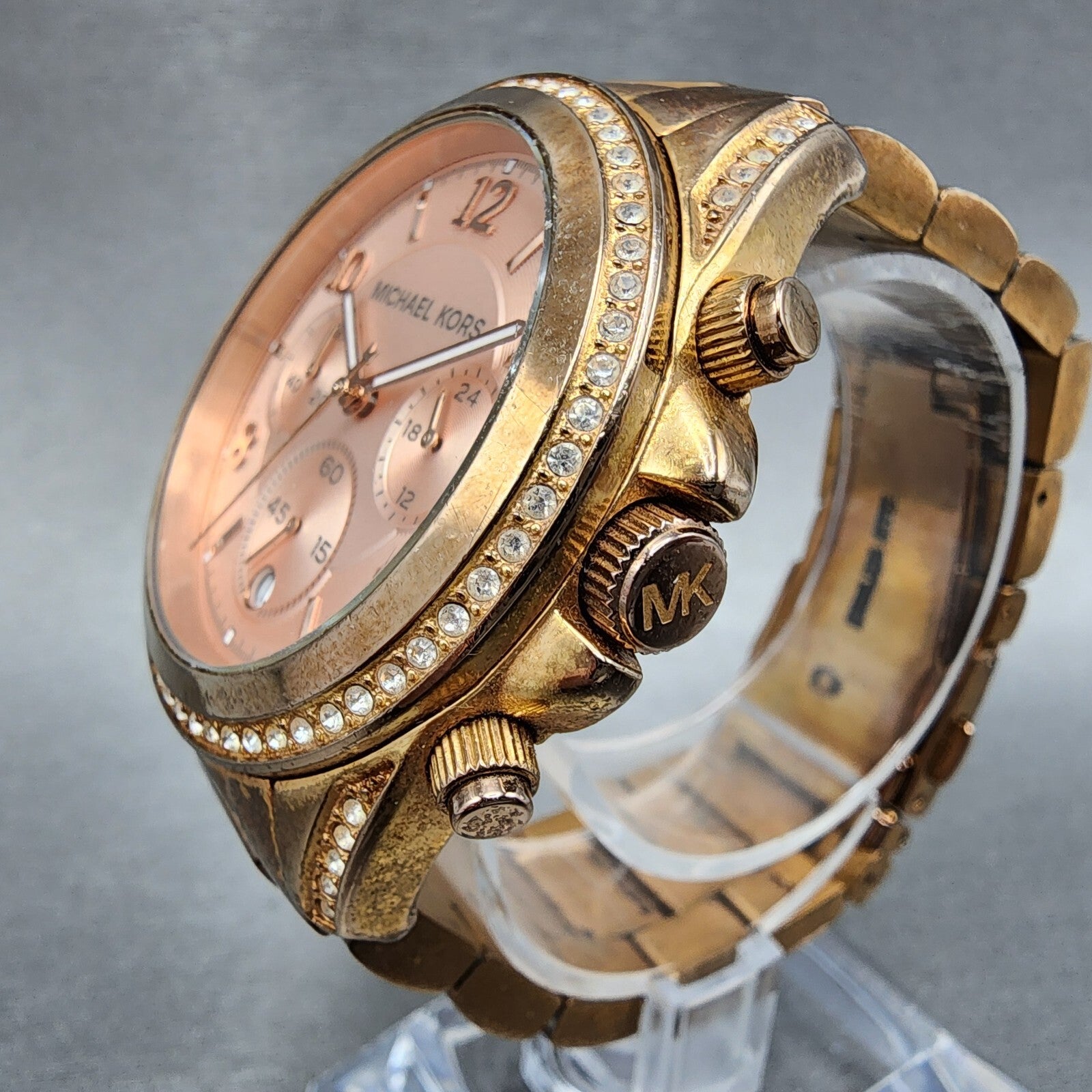 Michael Kors Blair Chronograph Watch Women 40mm Rose Dial Gold Tone Date New Bat2