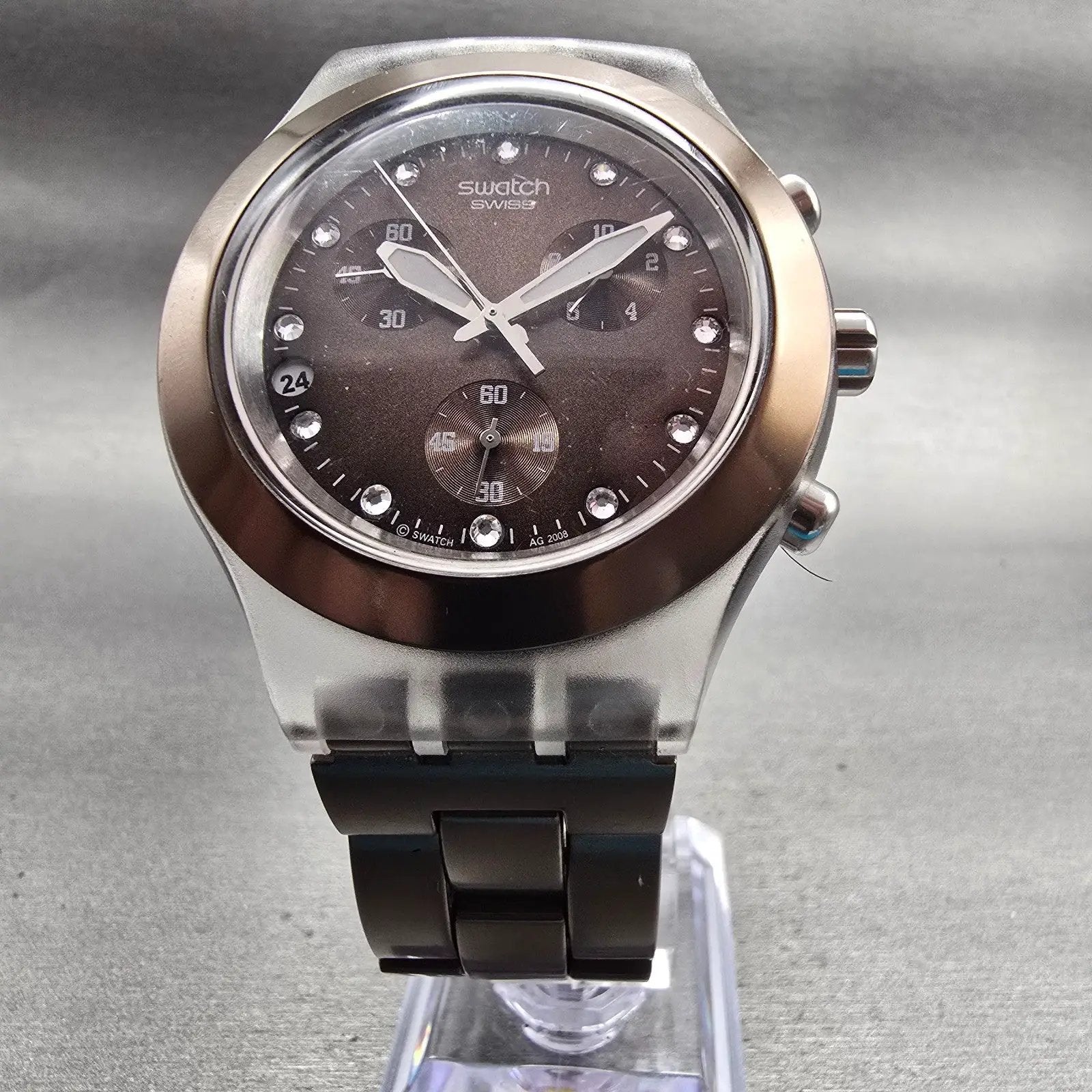 Swatch Irony Diaphane Full Blooded Watch Men 43mm Brown Chrono SVCK4042 New Batt5