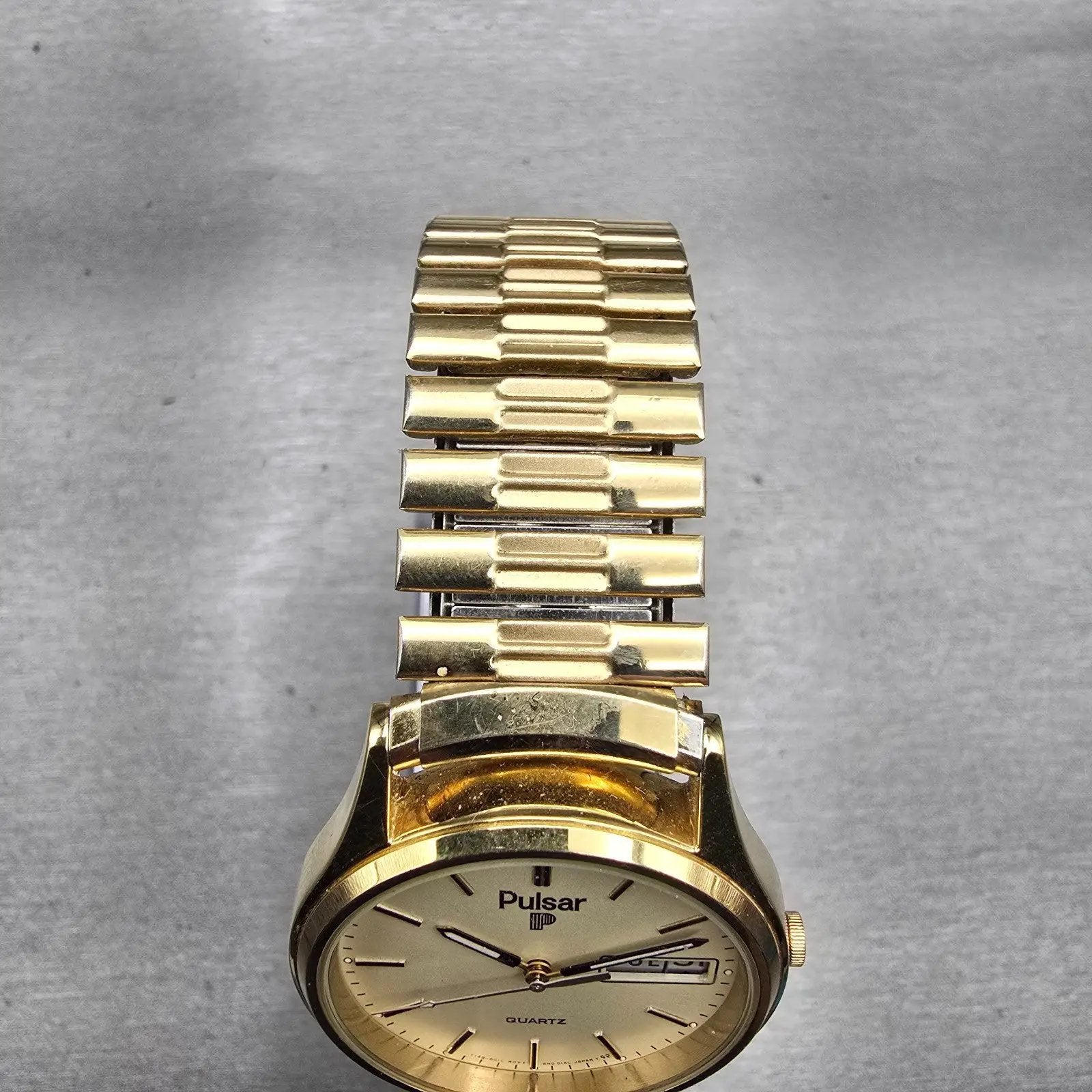 Seiko Pulsar Watch Men 34mm Champagne Dial Gold Tone Daydate Y148-6019 New Batt5