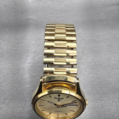 Seiko Pulsar Watch Men 34mm Champagne Dial Gold Tone Daydate Y148-6019 New Batt5