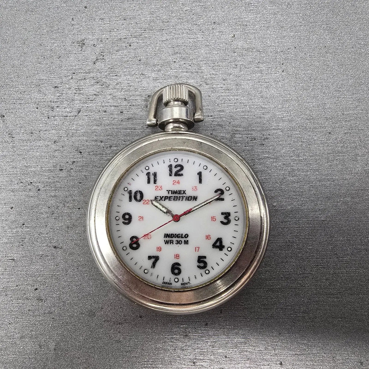 Timex Expedition Pocket Watch Men 47mm White Dial Silver Tone Indiglo New Batt0
