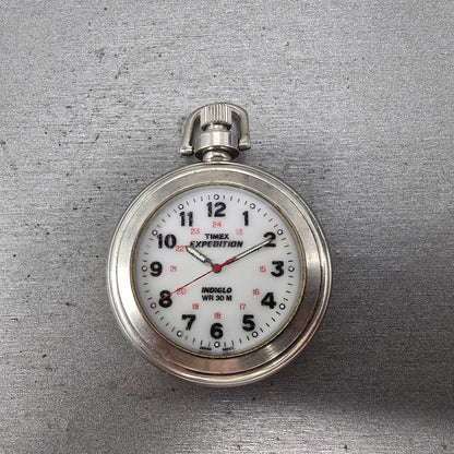 Timex Expedition Pocket Watch Men 47mm White Dial Silver Tone Indiglo New Batt0