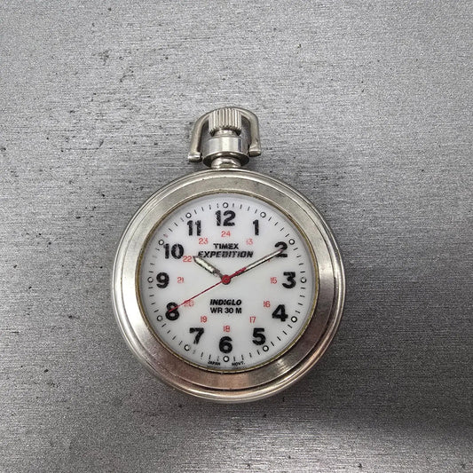 Timex Expedition Pocket Watch Men 47mm White Dial Silver Tone Indiglo New Batt0
