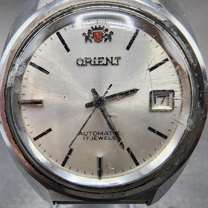 Orient Automatic Watch Men 37mm White Dial SIlver Tone Date NO CROWN Runs VTG