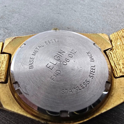 Elgin Watch Men 33mm Black Dial Gold Nugget Case Tone Round New Battery VTG9