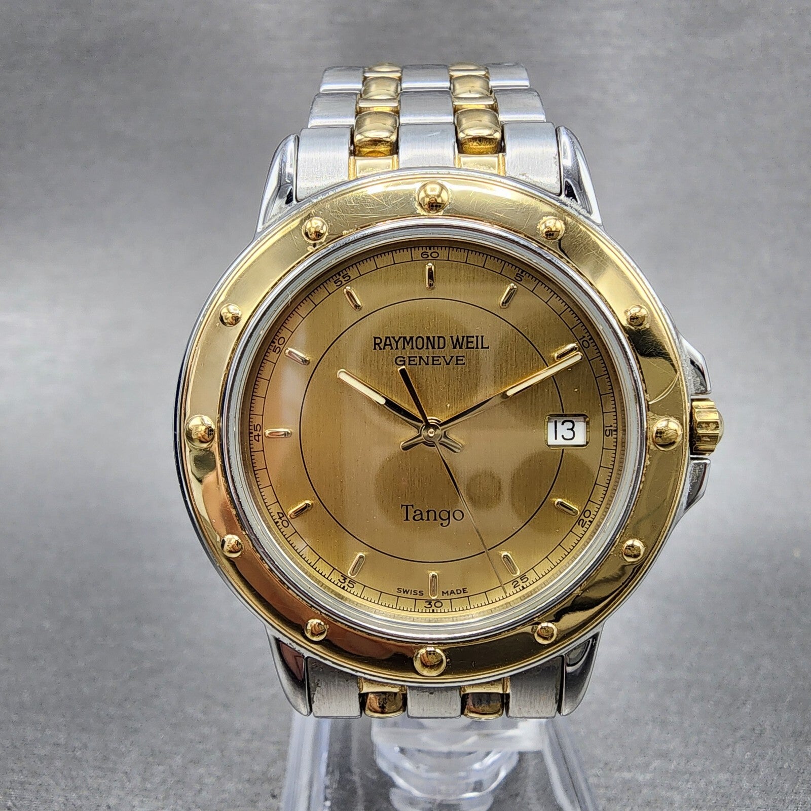 Raymond Weil Tango Watch Men 36mm Gold Dial Two Tone Date Round 5560 New battery1
