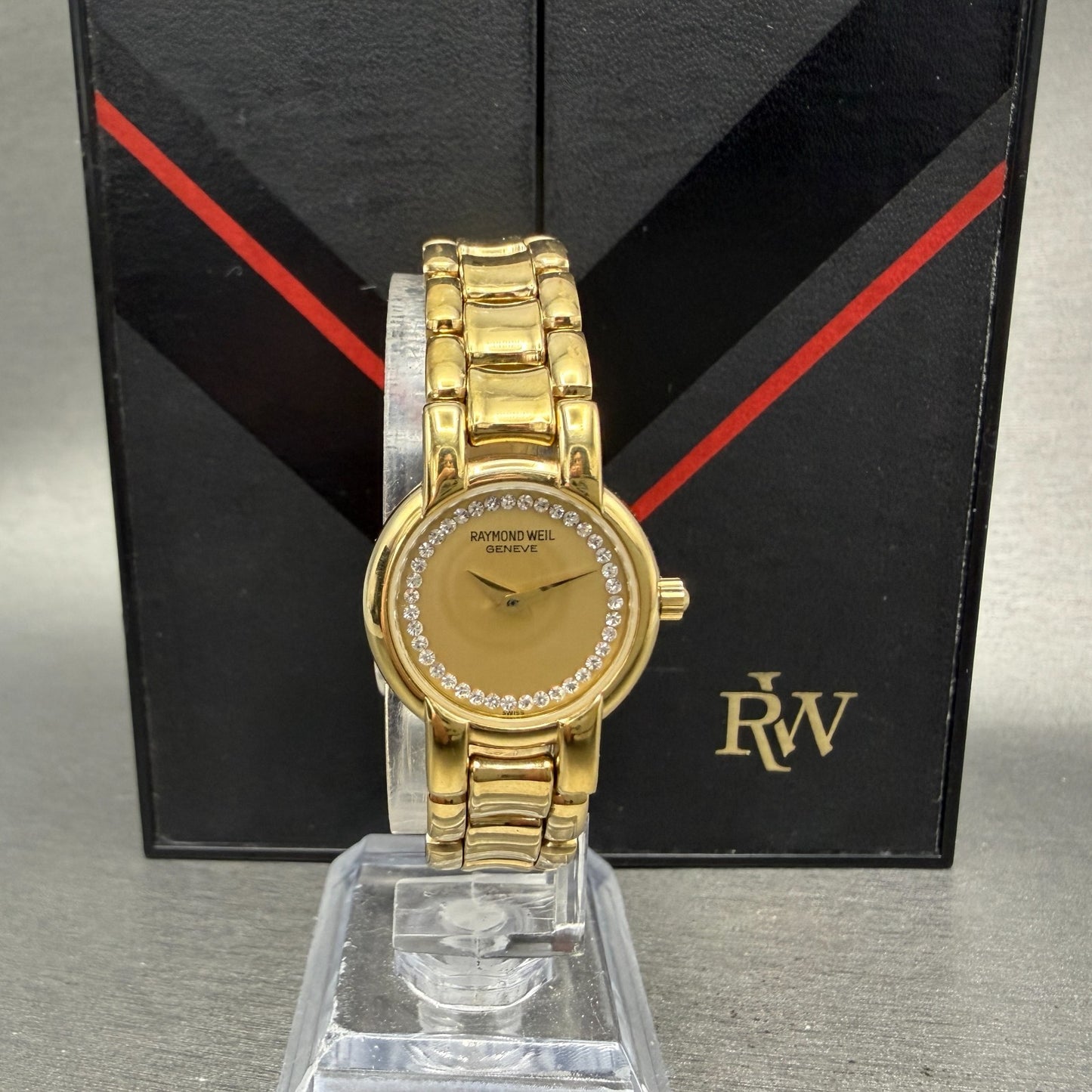 Raymond Weil Watch Women 21mm Gold Dial Gold Plated Diamonds 3740-1 New Battery0