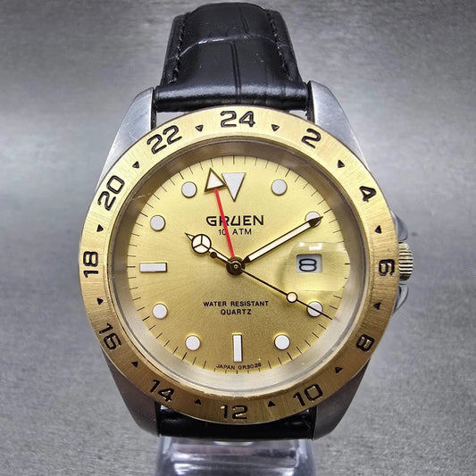 Gruen GMT Watch Men 39mm Gold Dial Two Tone Date Round 321-6M17 New Battery0