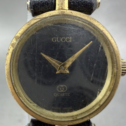 Gucci 2000L Watch Women 22mm Black Dial Gold Plated Round New Battery VTG ABC1