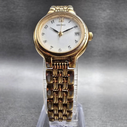 Seiko Watch Women 23mm White Dial Gold Tone Date Round 7N82-0228 New Battery JP95