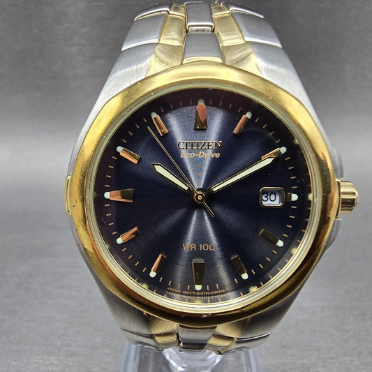Citizen Eco-Drive Watch Men 368mm Blue Dial Two Tone Date E110-K15699 Runs0