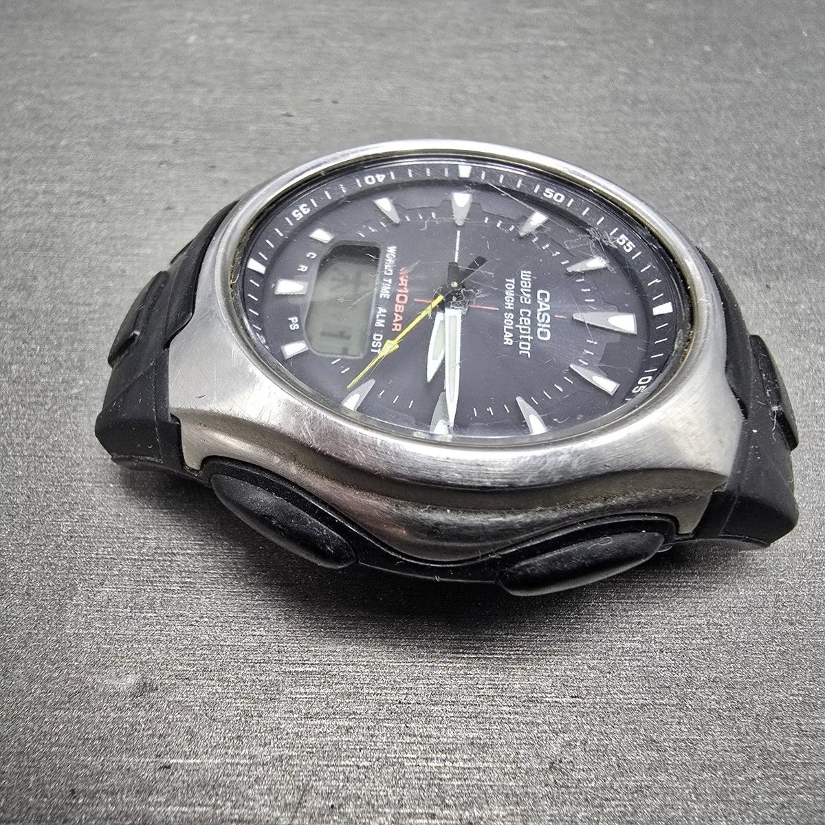 Casio Wave Ceptor Watch Men 43mm Black Dial Silver Analog Digital Solar WVA-430J5