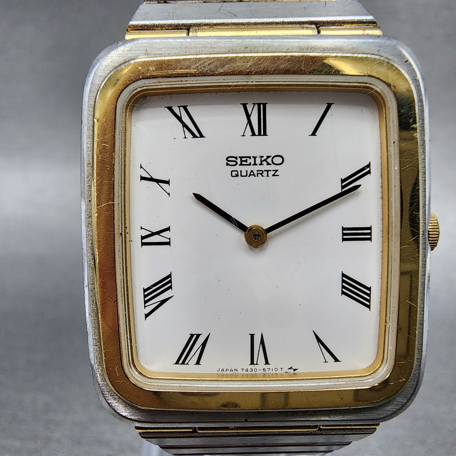 Seiko Tank Watch Men 27mm White Dial Two Tone Rectangle 74305450 New Battery1