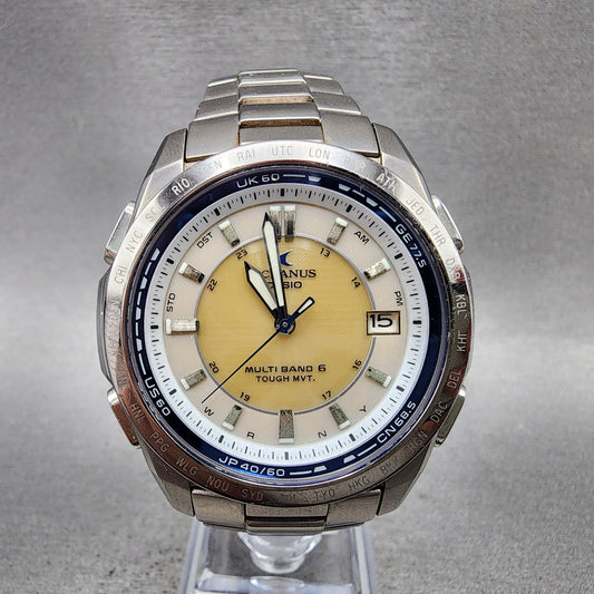 Casio Oceanus Watch Men 42mm Cream Dial Silver Ton Date Round Solar Atomic0