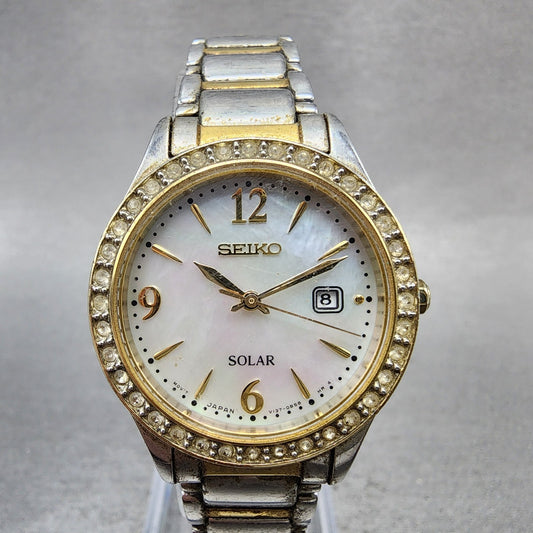 Seiko Solar Watch Women 28mm MOP Dial Two tone Date Round V1370AA0 Runs0