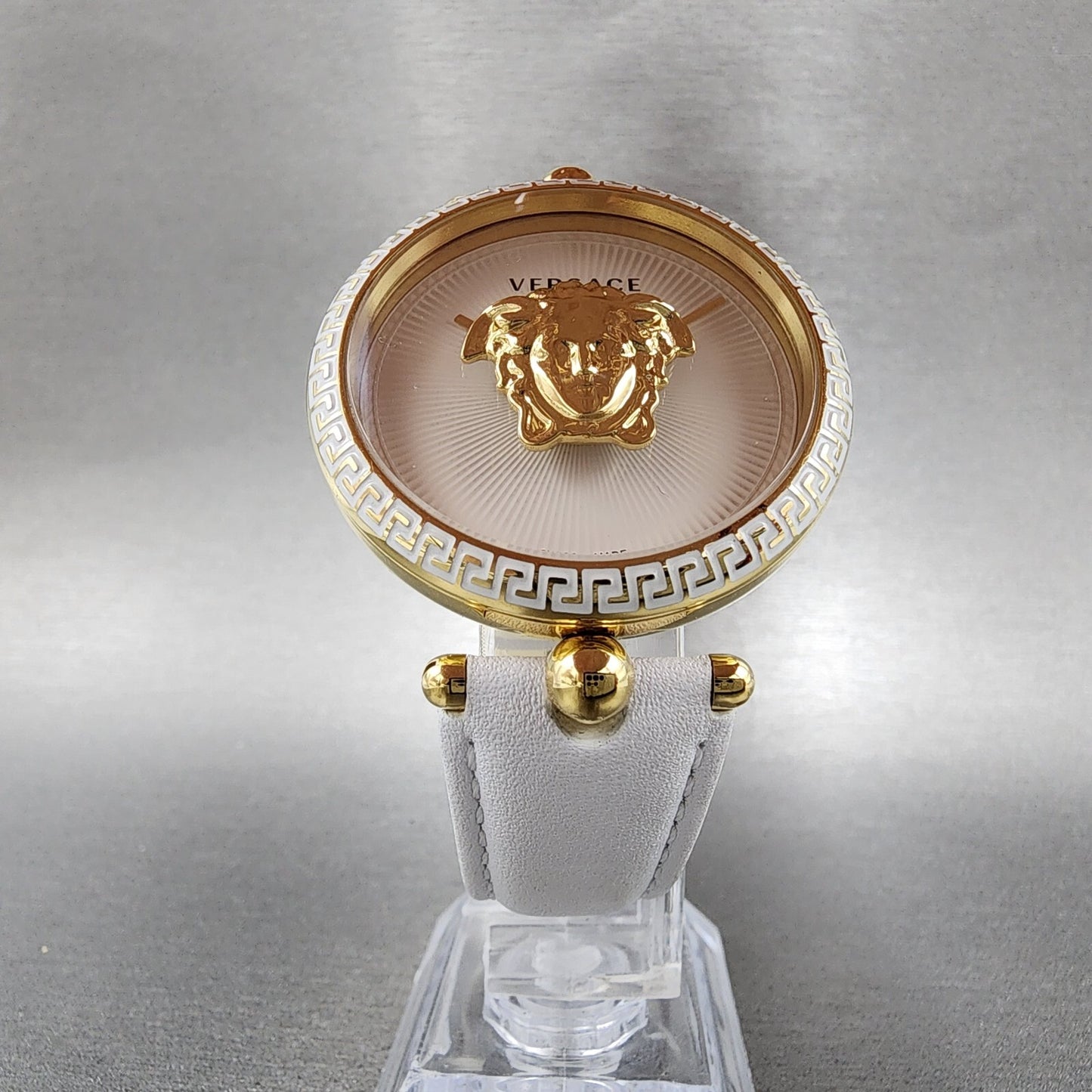 Versace Palazzo Watch Women 39mm White Dial Gold Tone Round Leather Band New Bat5