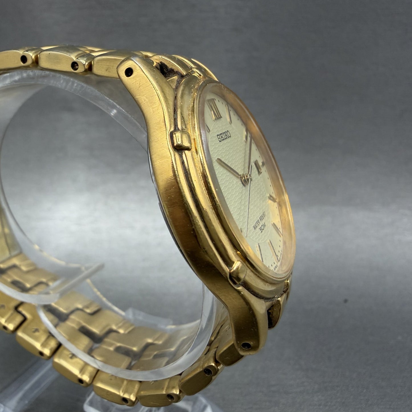 Seiko Watch Men 36mm Champagne Dial Gold Tone Date Round 7N32-0049 New Battery V3