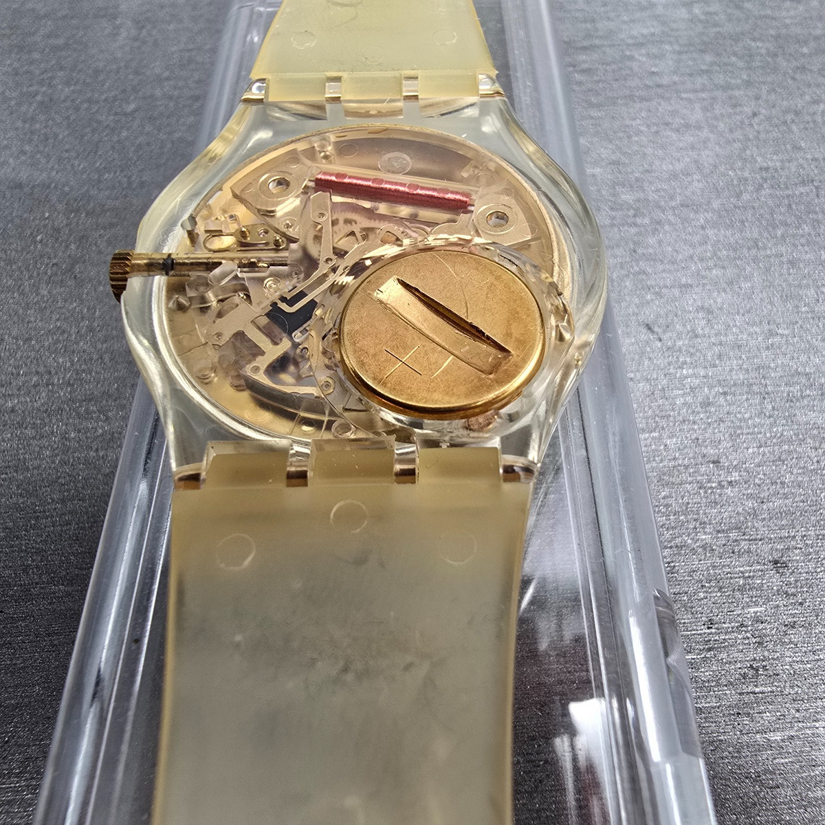 Swatch Golden Jelly Watch Men 34mm Skeleton Dial Clear Case GZ115 New Batt NOS13