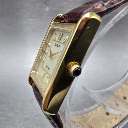 Seiko Solar Tank Watch Women 18mm Champagne Dial Gold Tone V115-0BD0 Runs2
