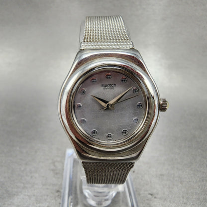 Swatch Irony Libertine Watch Women 24mm Silver Dial Steel Mesh Band New Battery0