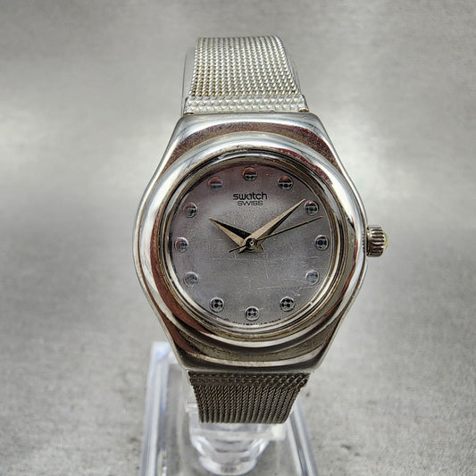 Swatch Irony Libertine Watch Women 24mm Silver Dial Steel Mesh Band New Battery0