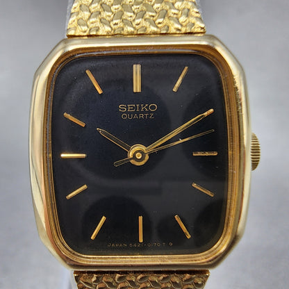 Seiko Tank Watch Women 19mm Black Dial Gold Tone 54215060 New Battery1