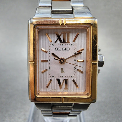 Seiko Solar Tank Watch Women 18mm White Dial Two Tone Rectangle Lukia RunsB1