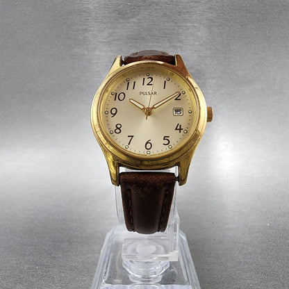 Pulsar Watch Women 27mm Champagne Dial Gold Tone Date Round V782-0320 New Batt