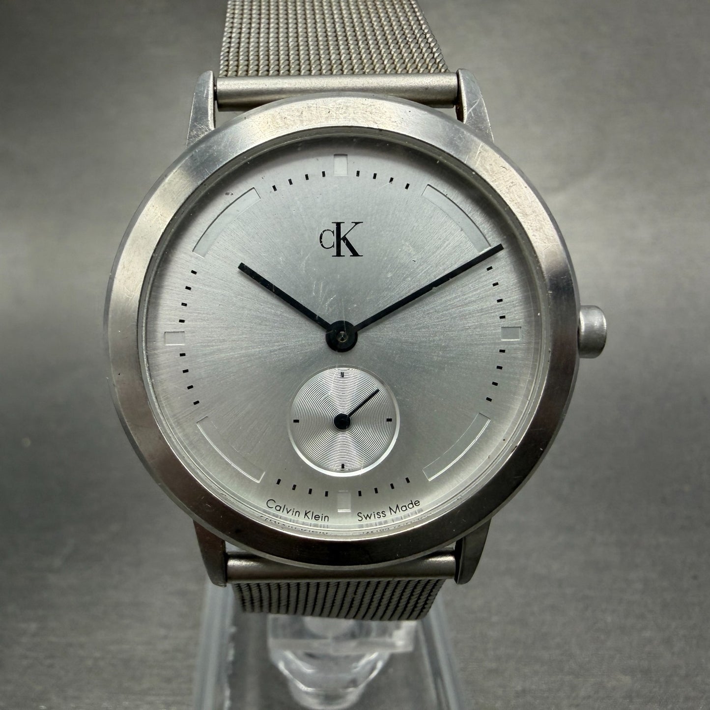 Calvin Klein Watch Men 35mm Silver Dial Steel Round K3311 Mesh Band New Battery0