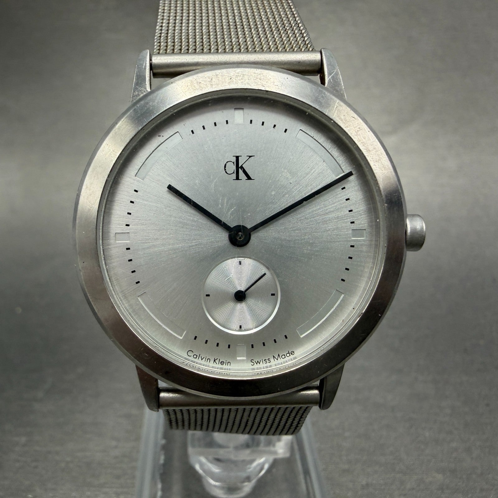 Calvin Klein Watch Men 35mm Silver Dial Steel Round K3311 Mesh Band New Battery0