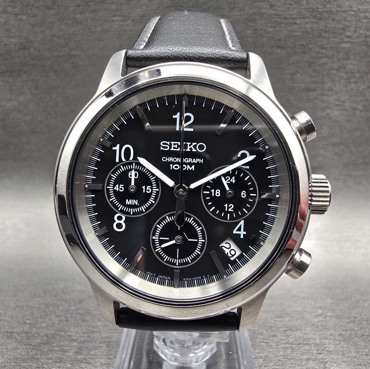 Seiko Chronograph Watch Men 40mm Black Dial Silver Tone Date 6T63-00A0 New Batt0