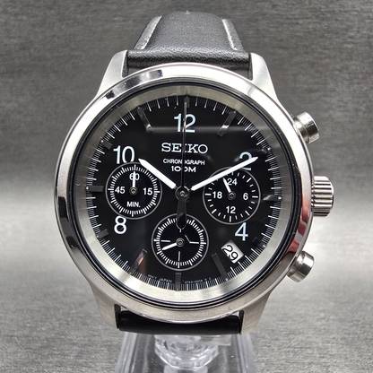 Seiko Chronograph Watch Men 40mm Black Dial Silver Tone Date 6T63-00A0 New Batt0