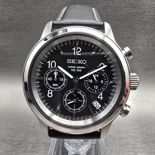 Seiko Chronograph Watch Men 40mm Black Dial Silver Tone Date 6T63-00A0 New Batt0