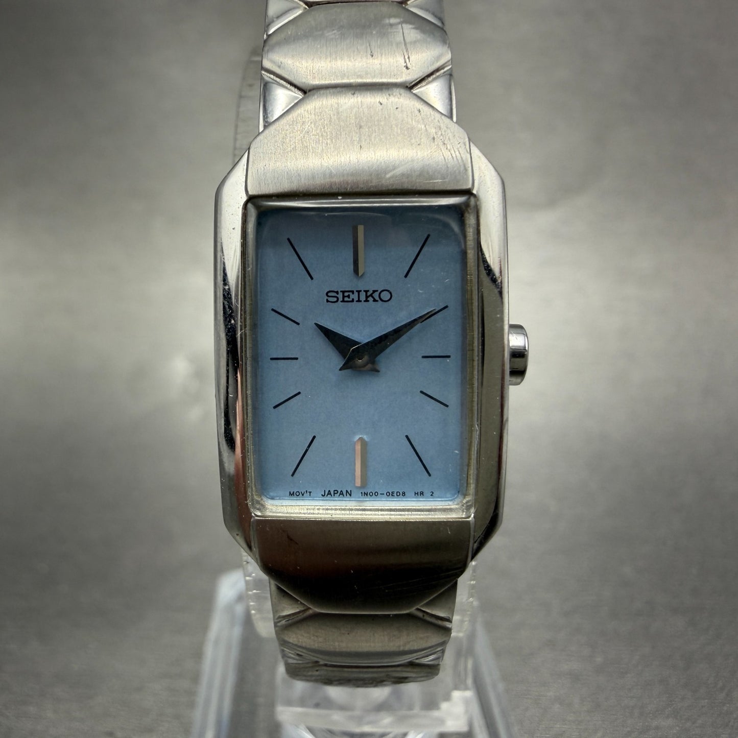 Seiko Tank Watch Women 16mm Blue Dial Silver Tone Rectangle 1N00-0CY0 NewBattery0