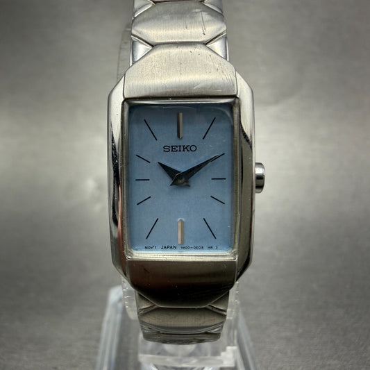 Seiko Tank Watch Women 16mm Blue Dial Silver Tone Rectangle 1N00-0CY0 NewBattery0
