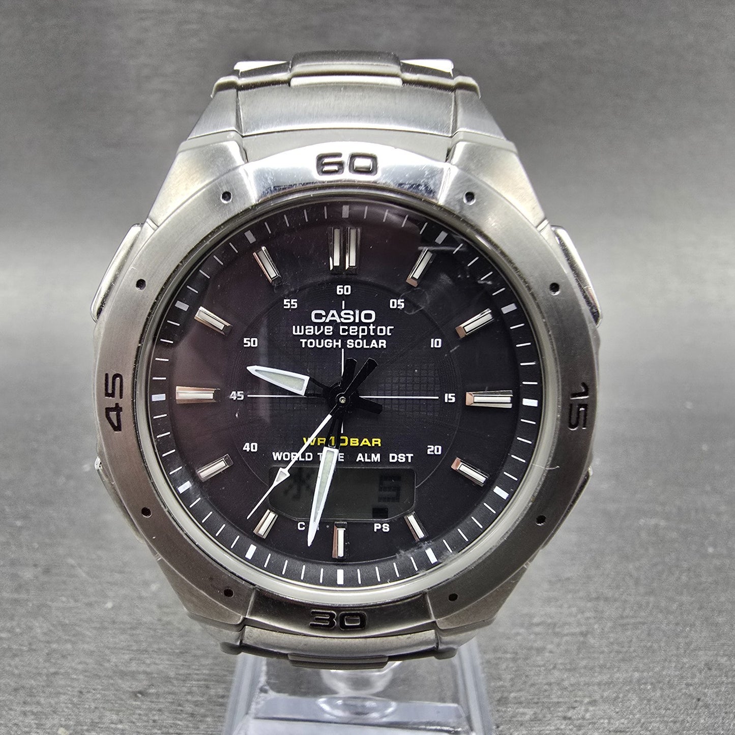 Casio Wave Ceptor Watch WVA-470 Men 42mm Black Dial Silver Alarm Chronograph0