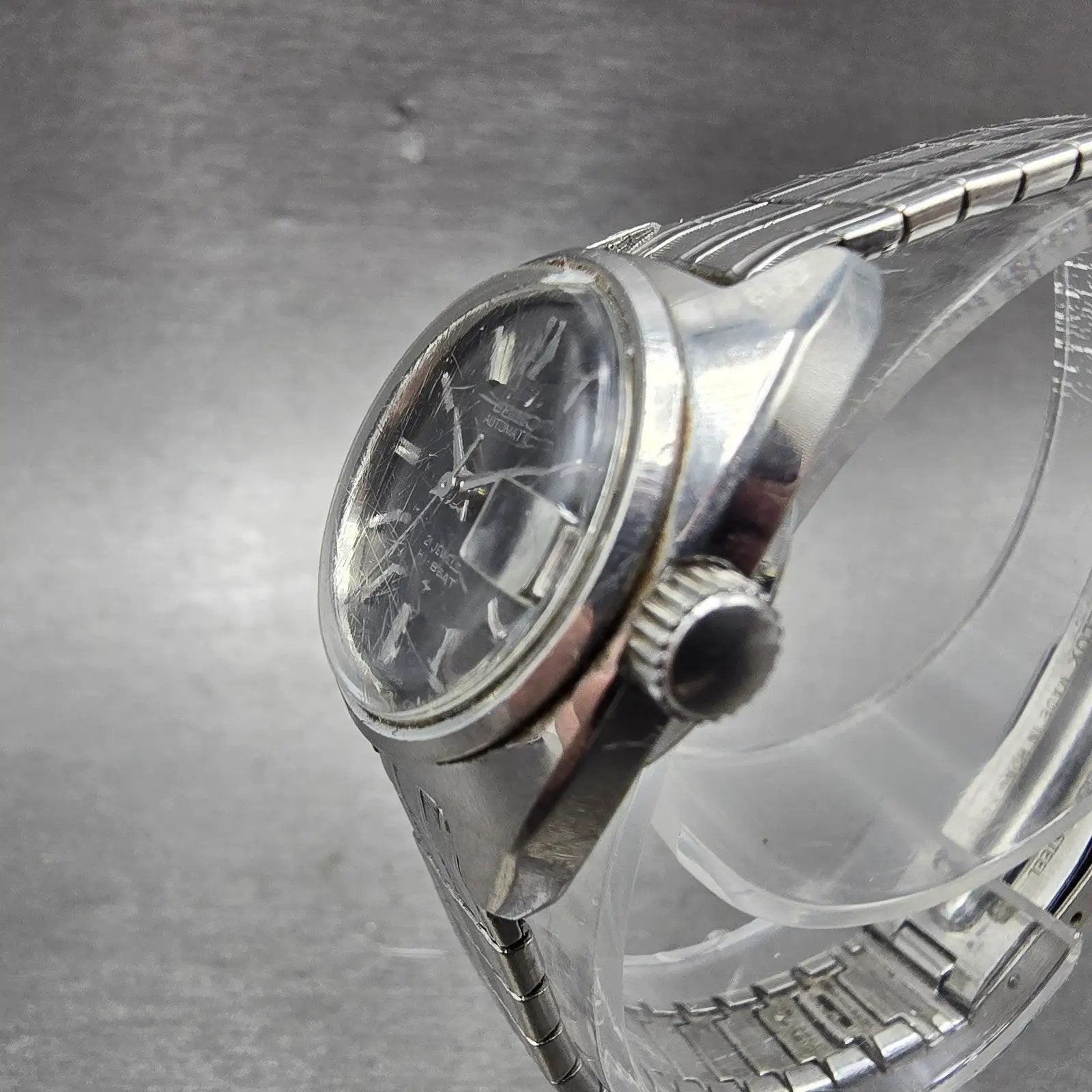 Seiko Automatic Watch Women 23mm Black Dial Silver Tone Date 2205-0190 Runs2