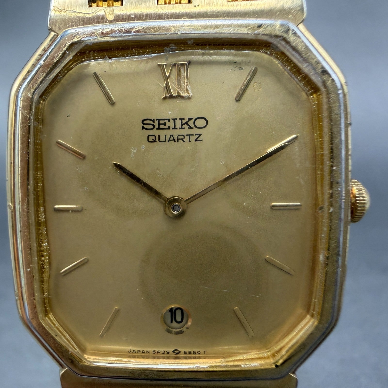Seiko Watch Men 28mm Champagne Dial Gold Tone Date Octagon 5P39-5B49 New Battery1