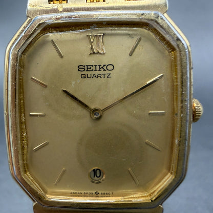 Seiko Watch Men 28mm Champagne Dial Gold Tone Date Octagon 5P39-5B49 New Battery1