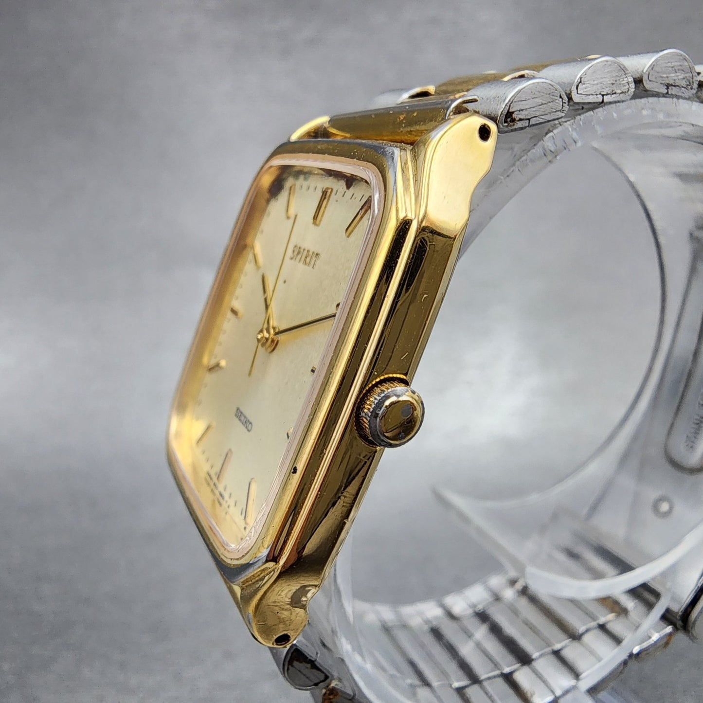 Seiko Spirit Tank Watch Men 27mm Gold Dial Gold Tone Rectangle 5E315B50 New Bat2