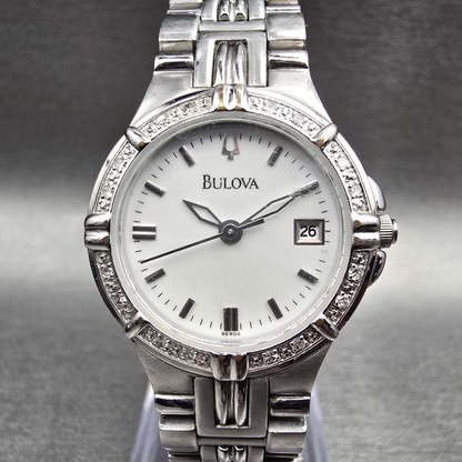 Bulova Watch Women 25mm White Dial Silver Tone Date Crystals 96R04 New Battery 20