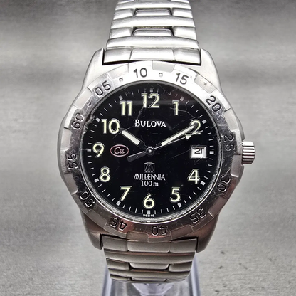 Bulova Millennia Watch Men 36mm Black Dial Silver Tone Date Round 96B46 New Batt0