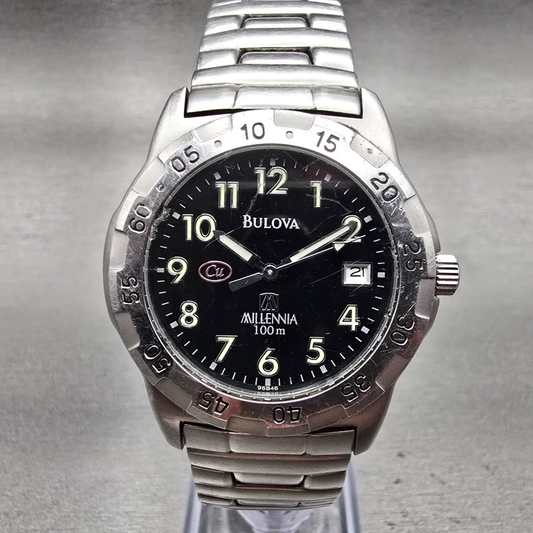Bulova Millennia Watch Men 36mm Black Dial Silver Tone Date Round 96B46 New Batt0