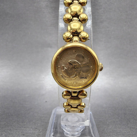 Seiko Lorus Mickey Mouse Watch Women 20mm Gold Dial Gold Tone Round New Battery0