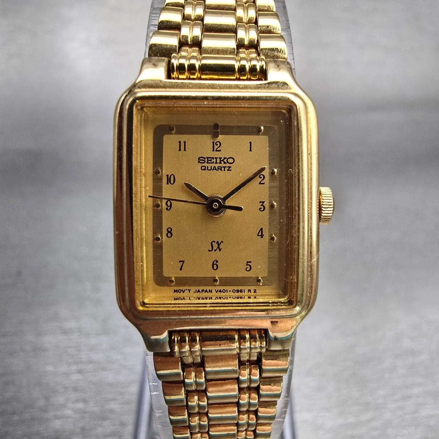 Seiko SX Watch Women 17mm Gold Dial Gold Tone Rectangle V401-5121 New Battery0