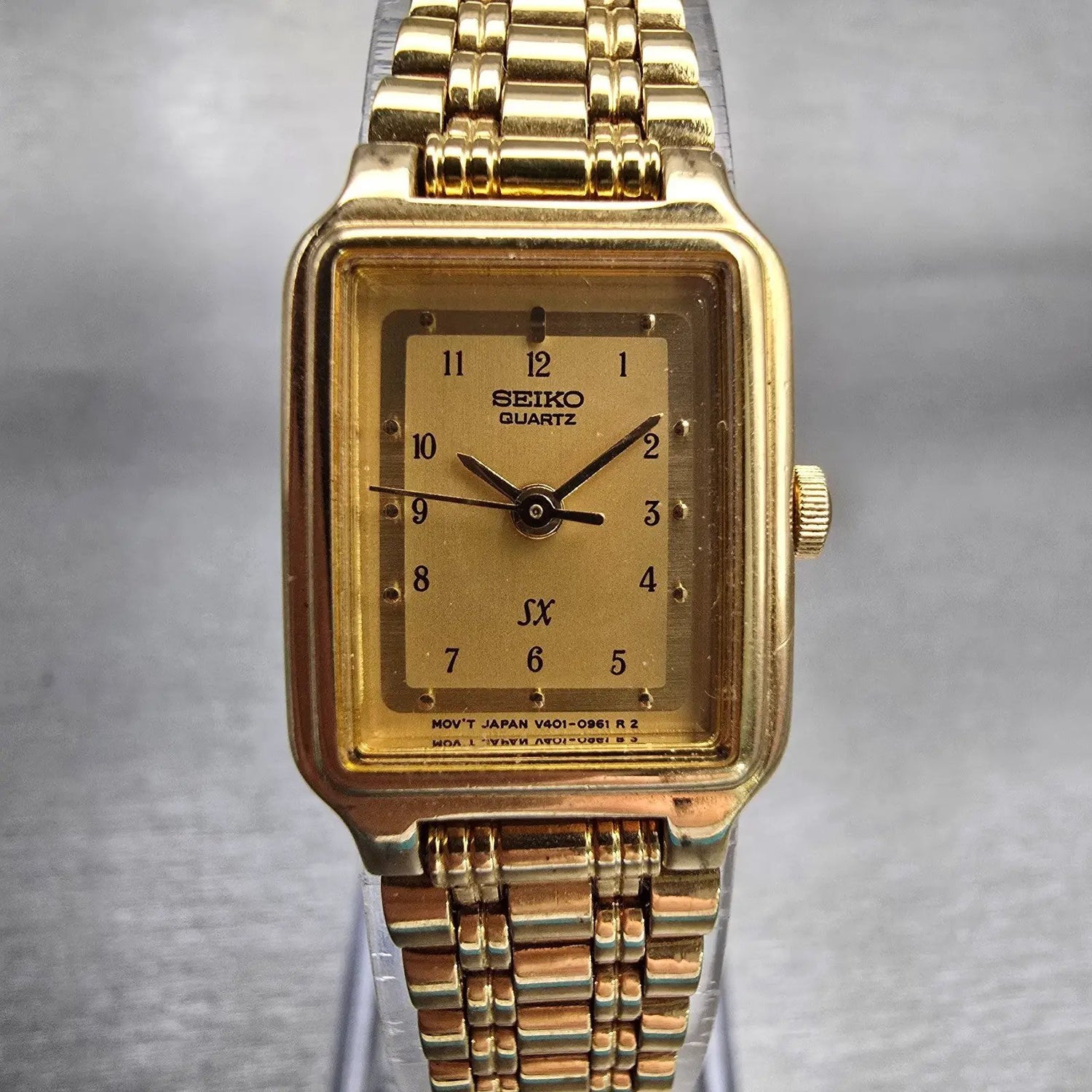 Seiko SX Watch Women 17mm Gold Dial Gold Tone Rectangle V401-5121 New Battery0